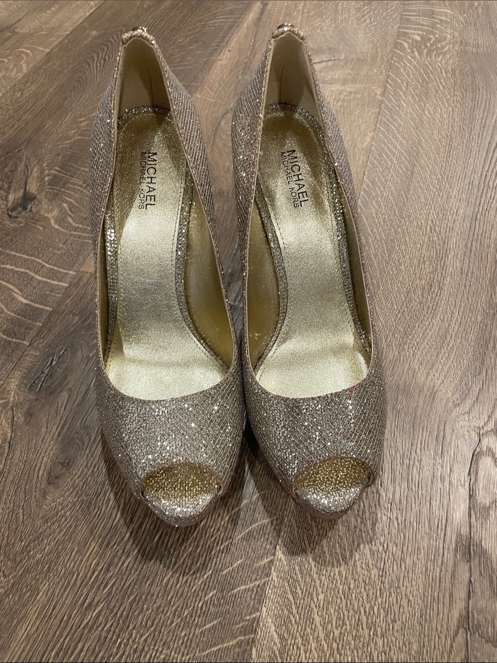 Michael Kors Women’s Glitter Peep-Toe Pumps in Metallic Rose